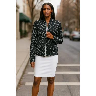 Lora Siyah Beyaz Fermuarlı Bomber Ceket