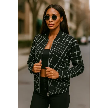 Lora Siyah Beyaz Fermuarlı Bomber Ceket