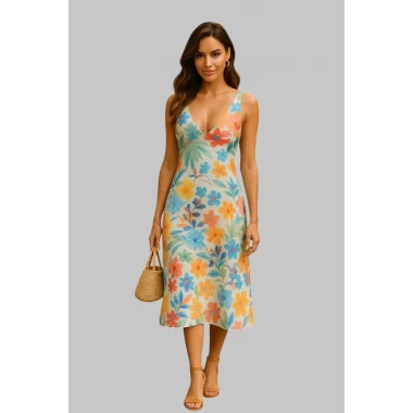 Madrid Desenli Keten Elbise Trend