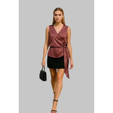 Megane Krep Saten Kruvaze Bluz