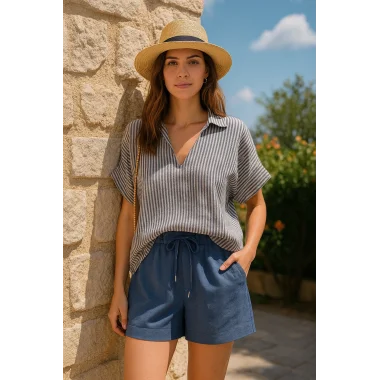 Mirabel İndigo Keten Şortlu Çizgili Takım