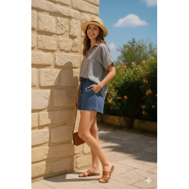 Mirabel İndigo Keten Şortlu Çizgili Takım