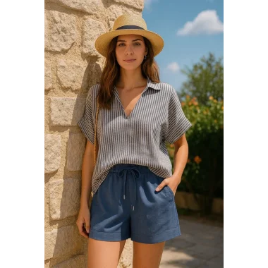 Mirabel İndigo Keten Şortlu Çizgili Takım