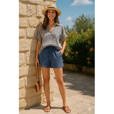 Mirabel İndigo Keten Şortlu Çizgili Takım