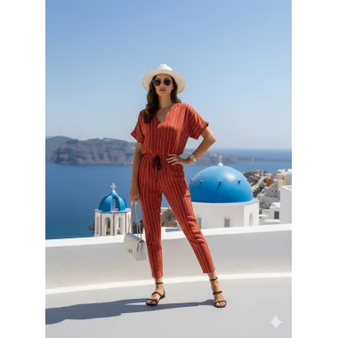 Moli Kırmızı Patuk Keten Pantolon İkili Takım