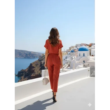 Moli Kırmızı Patuk Keten Pantolon İkili Takım