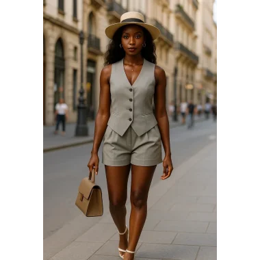 Raffels Yelekli Organik Keten şortlu Takım Tasarım