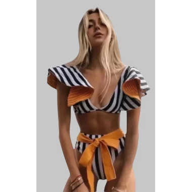 Samenta Şerit Baskılı Bağcıklı Yüksek Bel 2 Parça Bikini Takım