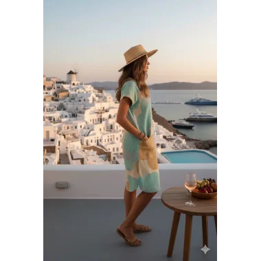 Şık V Yaka Batwing Kollu Geometrik Desenli Beli Sıkı Kesim Trend Elbise