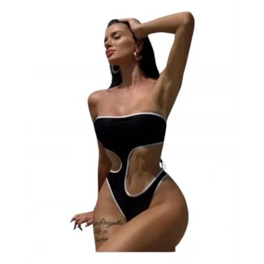 Bodrum Siyah & Beyaz Kontrast Askılar Şık Kadın Asimetrik Mayo