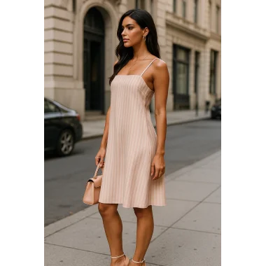 Sonya Çizgili İthal Keten Askılı Elbise