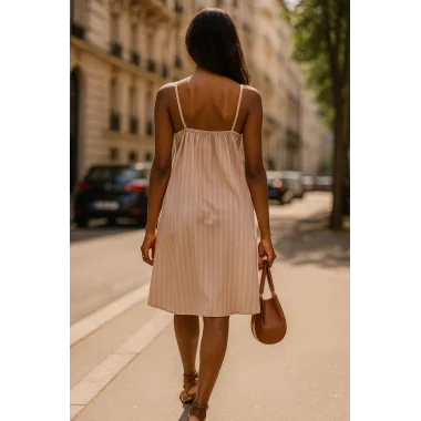 Sonya Çizgili İthal Keten Askılı Elbise