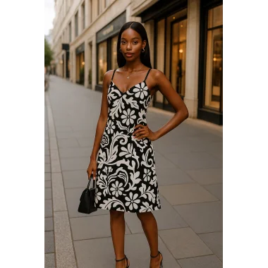 Sunita İthal Keten Desenli Askılı Midi Boy Elbise