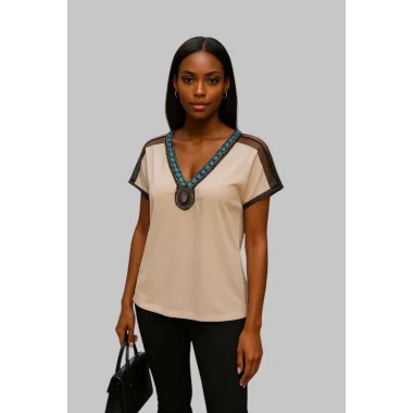 Wanda Omuz Tül Detay İthal Yaka Krep Bluz