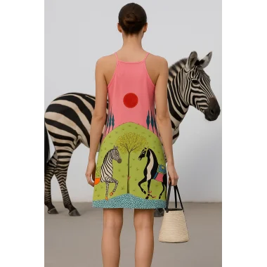 Zebra Desenli Şık Omuz Üstü Güneş ve At İllüstrasyonu Trend Oynak Elbise