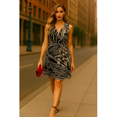 Zeyna Kruvaze İthal Şifon Zebra Desen Elbise