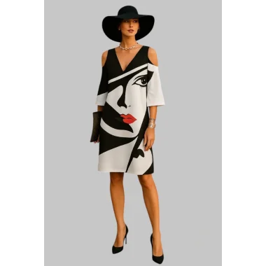 Zeynep Figür Baskılı Soğuk Omuz Elbise V Yaka Bell Kol Elbise