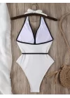 Tek Perça Siyah Beyaz Renk Bloklu 3D Sırtı Açık Mayo