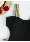 Çok Renkli Çizgili Detaylı, Push-Up Şık Siyah Tabanlı Yüksek Bel Mayo