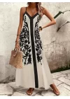 Şık V Yaka Çiçek Desen Rahat Kesim Maxi Elbise Trend