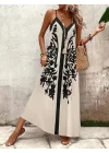 Şık V Yaka Çiçek Desen Rahat Kesim Maxi Elbise Trend