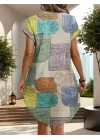 Şık V Yaka Batwing Kollu Geometrik Desenli Beli Sıkı Kesim Trend Elbise
