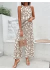 Şık 2 Parçalı Geometrik Desen Ruched Detay Kolsuz Pantolon Takım