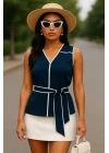 Cristina Biye Detay İthal Krep Lacivert Bluz
