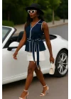 Cristina Biye Detay İthal Krep Lacivert Bluz