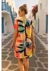 Emily Şık Yuvarlak Yaka Kısa Kol Geometrik Desen Trend Elbise