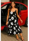 Flower Çiçek Desen Askılı İthal Saten Elbise