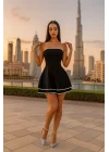 İtalya Bandeu Detaylı A-line Askısız Kolsuz Mini Elbise