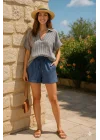 Mirabel İndigo Keten Şortlu Çizgili Takım