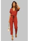 Moli Kırmızı Patuk Keten Pantolon İkili Takım