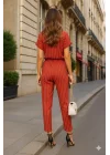 Moli Kırmızı Patuk Keten Pantolon İkili Takım