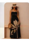 Monalisa Altın Çiçek Desenli Rahat Askısız Dizaynli Şık Omuz Açık Maxi Elbise
