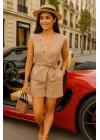 Porsche İthal Keten Boncuk İşlemeli Bağlamalı Şortlu Takım