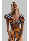 Samenta Şerit Baskılı Bağcıklı Yüksek Bel 2 Parça Bikini Takım