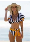 Şerit Baskılı Bağcıklı Yüksek Bel 2 Parça Bikini Takım