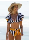 Şerit Baskılı Bağcıklı Yüksek Bel 2 Parça Bikini Takım
