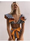 Şerit Baskılı Bağcıklı Yüksek Bel 2 Parça Bikini Takım