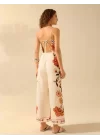 Şık Kadınlar İçin Bohem Tarzı Tropikal Çiçek Desenli Kolsuz Geniş Paça Tulum Sırtı Açık