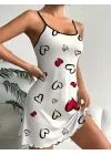 Şık Kalp Desenli Rahat Fırfırlı Pijama Elbise Trend
