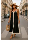 V Yaka Ve Straplez Tasarımıyla Siyah Beyaz Renk Bloğu Kıvrımlı Etek trend France Elbise