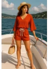Vermont Oranj rengi v yaka turvakar kollu astarsızdır çift cepli regular şortlu organik keten beli lastikli kuşaklı ikili takı