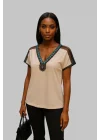 Wanda Omuz Tül Detay İthal Yaka Krep Bluz