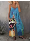 Yaz için Şirin Kedi Desenli V Yaka Kısa Tulum, Sevimli Kolsuz Bol Paça Tulum, Kadın Giyim