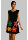 Yulia Şık Çiçek Desenli Siyah Yuvarlak Yaka Siyah Renkli Elbise