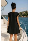 Yulia Şık Çiçek Desenli Siyah Yuvarlak Yaka Siyah Renkli Elbise