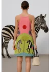 Zebra Desenli Şık Omuz Üstü Güneş ve At İllüstrasyonu Trend Oynak Elbise